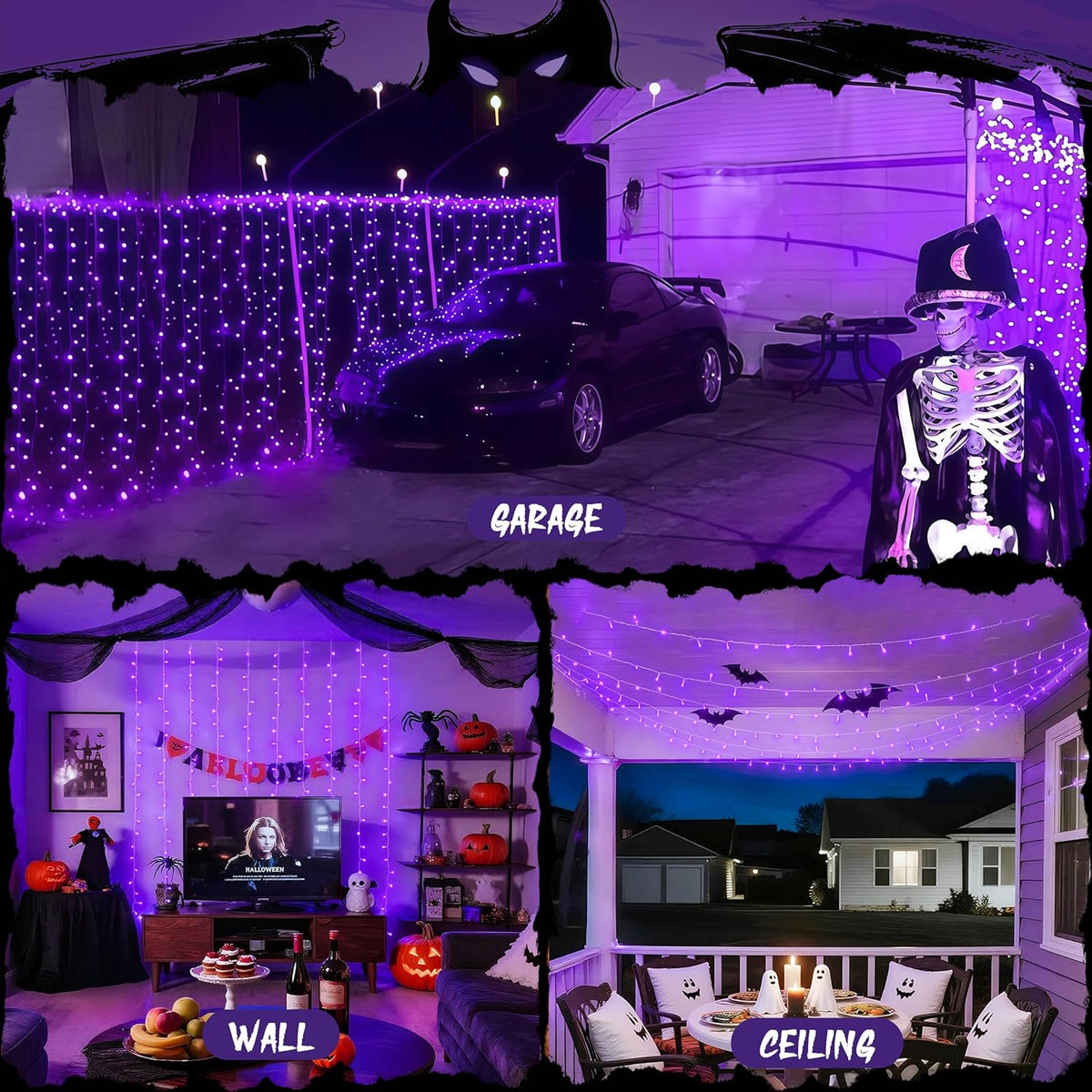 JMEXSUSS 300LED Purple Halloween Lights with Remote, Curtain Hanging Light Plug in, 8 Modes Purple