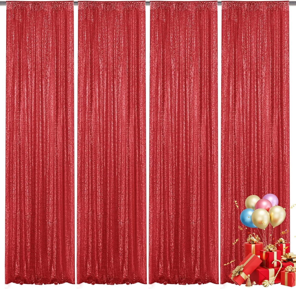 Red Sequin Backdrop Curtain 4 Pieces 2FTx8FT Glitter Photography Backdrop for Party Wedding
