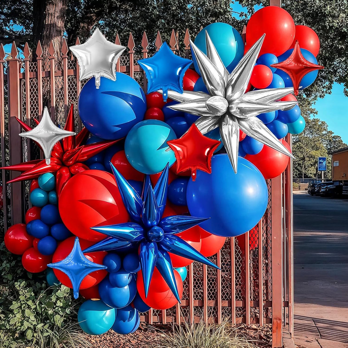 Blue Red Silver Star Balloon,16Pcs Star Foil Balloons Set with 22Inch Explosion Spike Cone Balloons