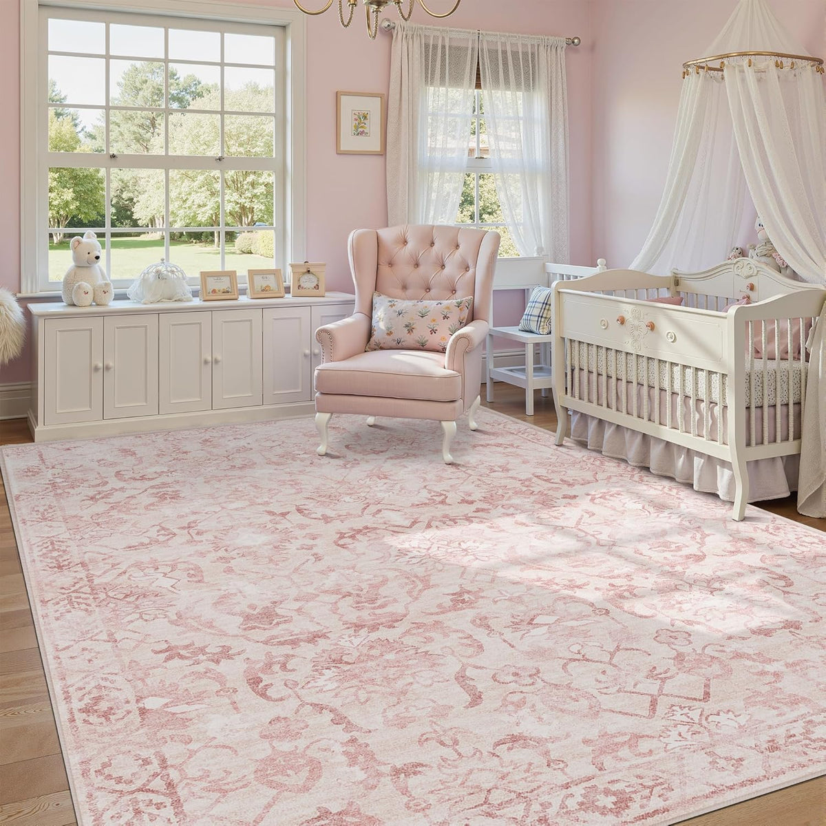 Pink Area Rugs 7x9 for Living Room, Washable Vintage Rugs for Bedroom, Distressed Throw Rug, Non