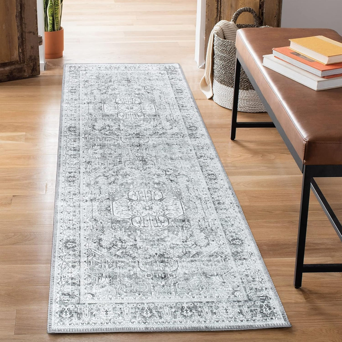 Bloom Rugs Washable Non-Slip 7 ft Runner - Gray/Charcoal Traditional Medallion Runner for Entryway