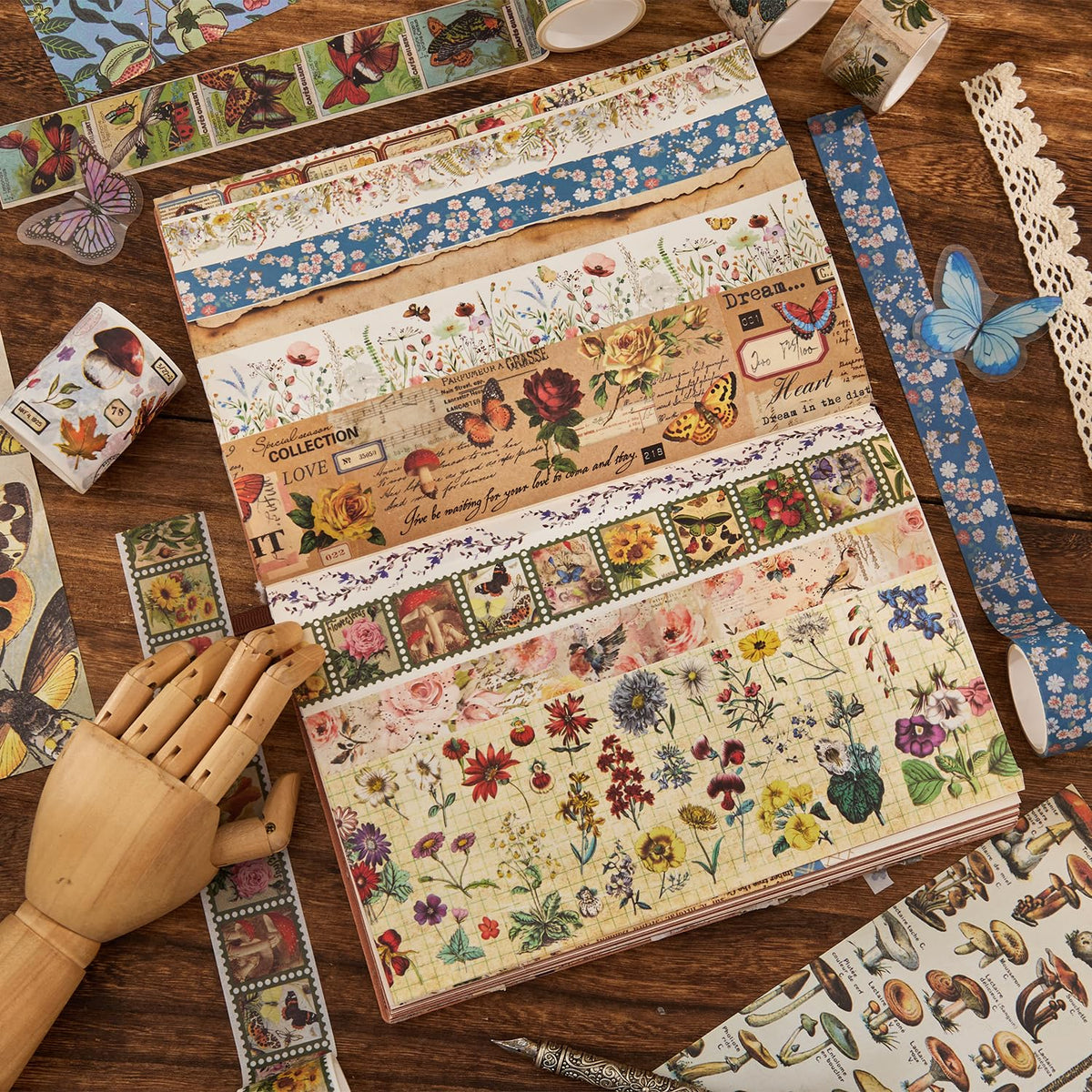 42 Rolls Vintage Washi Tape Set, Floral Letter Butterfly Mushroom Botanical Flower Writable