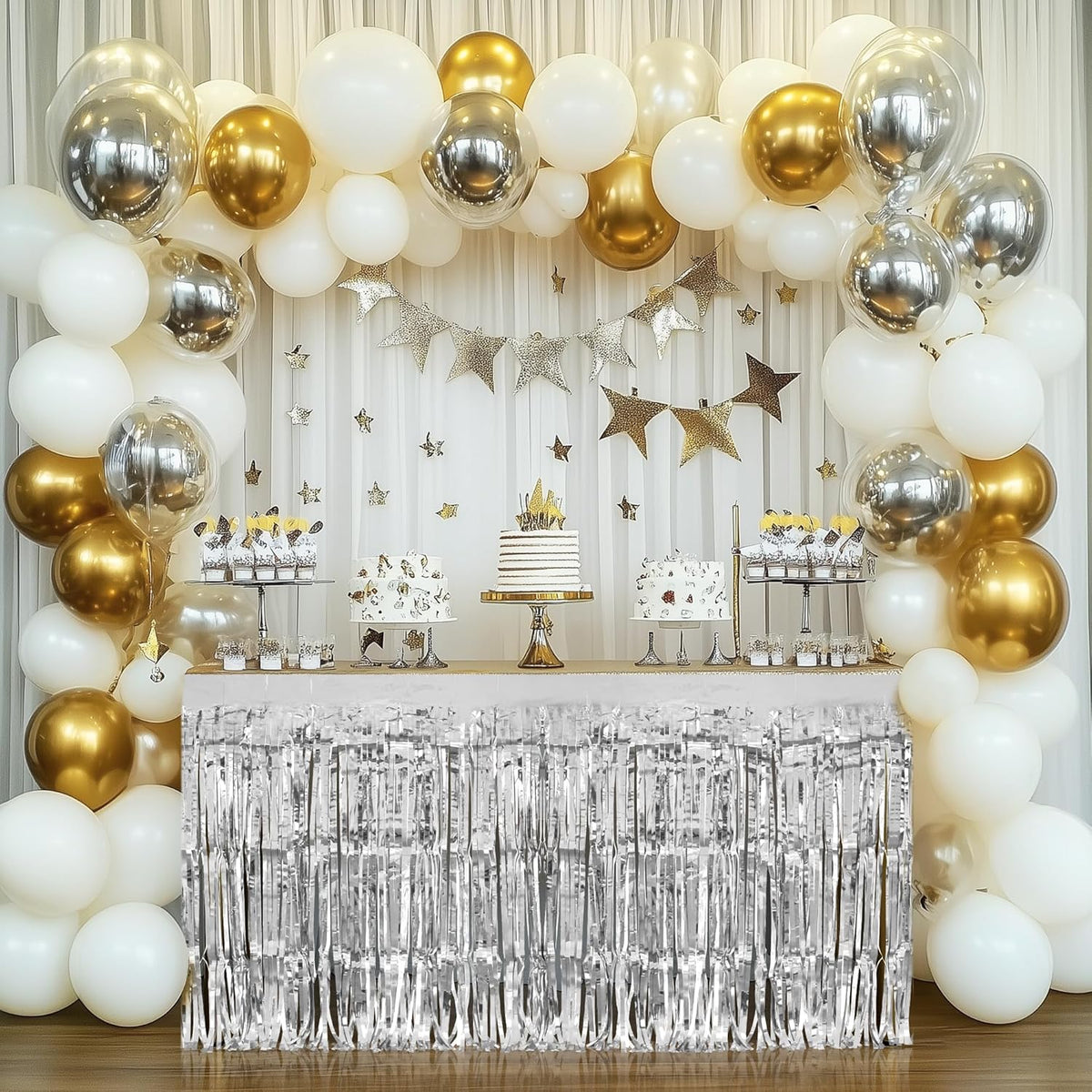 2 Pack Silver Table Skirts, 29x108" Metallic Foil Tinsel Fringe Table Skirts for Rectangle Tables