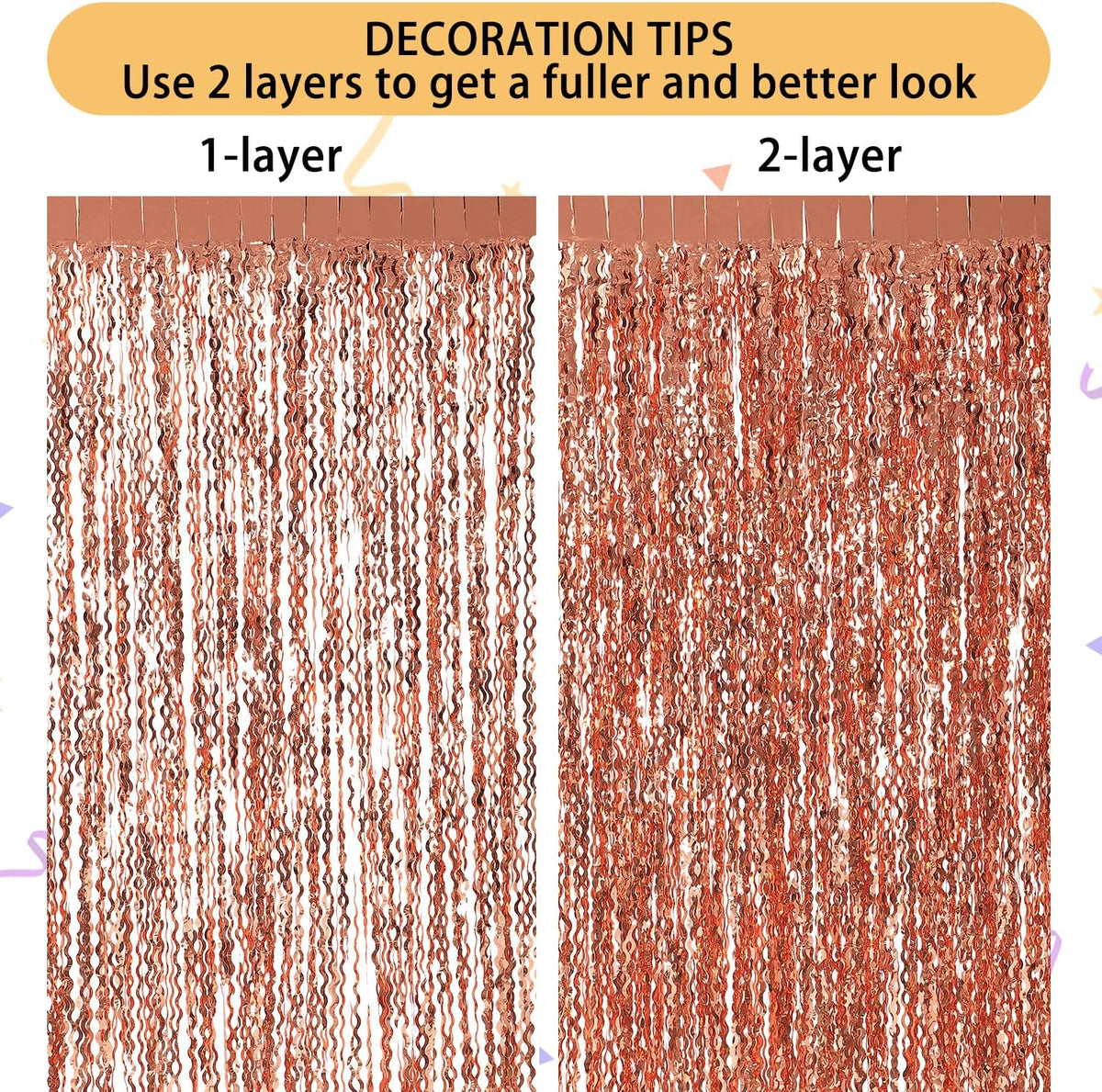 Wavy Fringe Curtain - Rose Gold, 3.3 ft x 6.6 Feet, Pack of 3 | Party Decorations, Streamers for