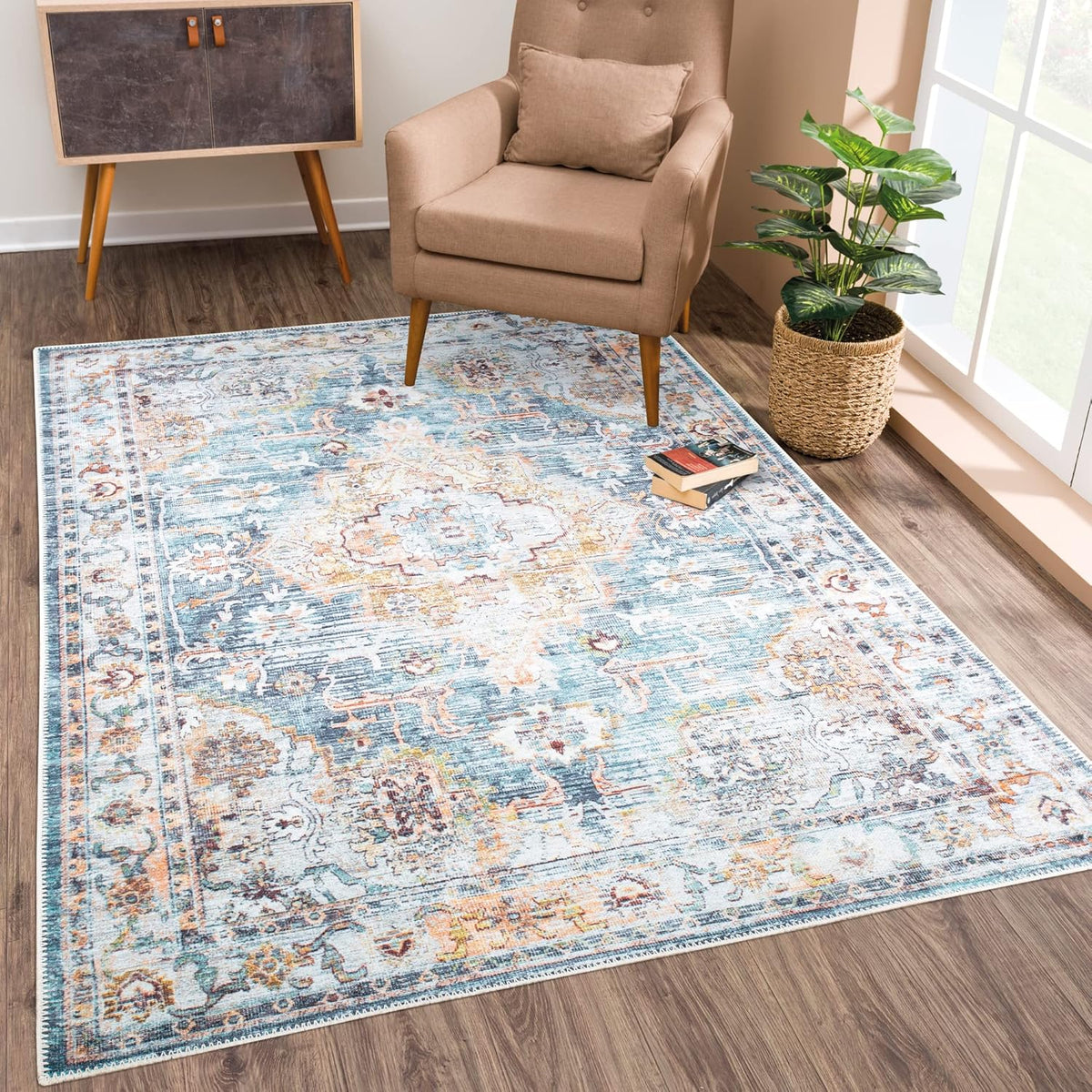 Bloom Rugs Washable Non-Slip 3' x 5' Rug - Teal/Peach Traditional Area Rug for Living Room