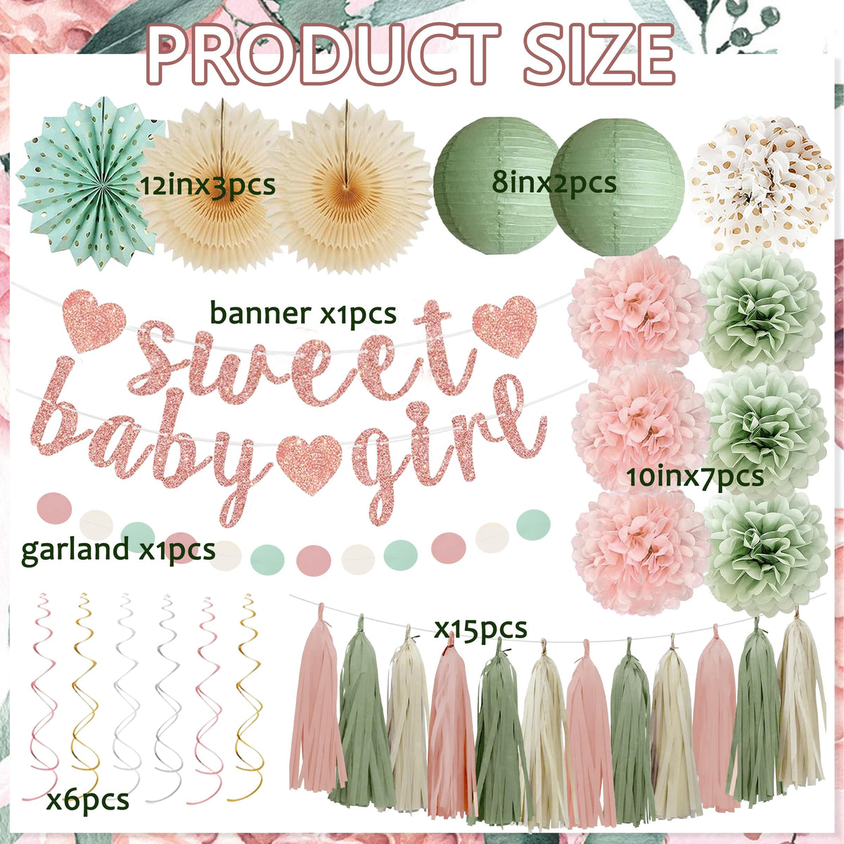 Sage Green and Blush Pink Baby Shower Decorations - Sweet Baby Girl Banner, Olive Green Lanterns