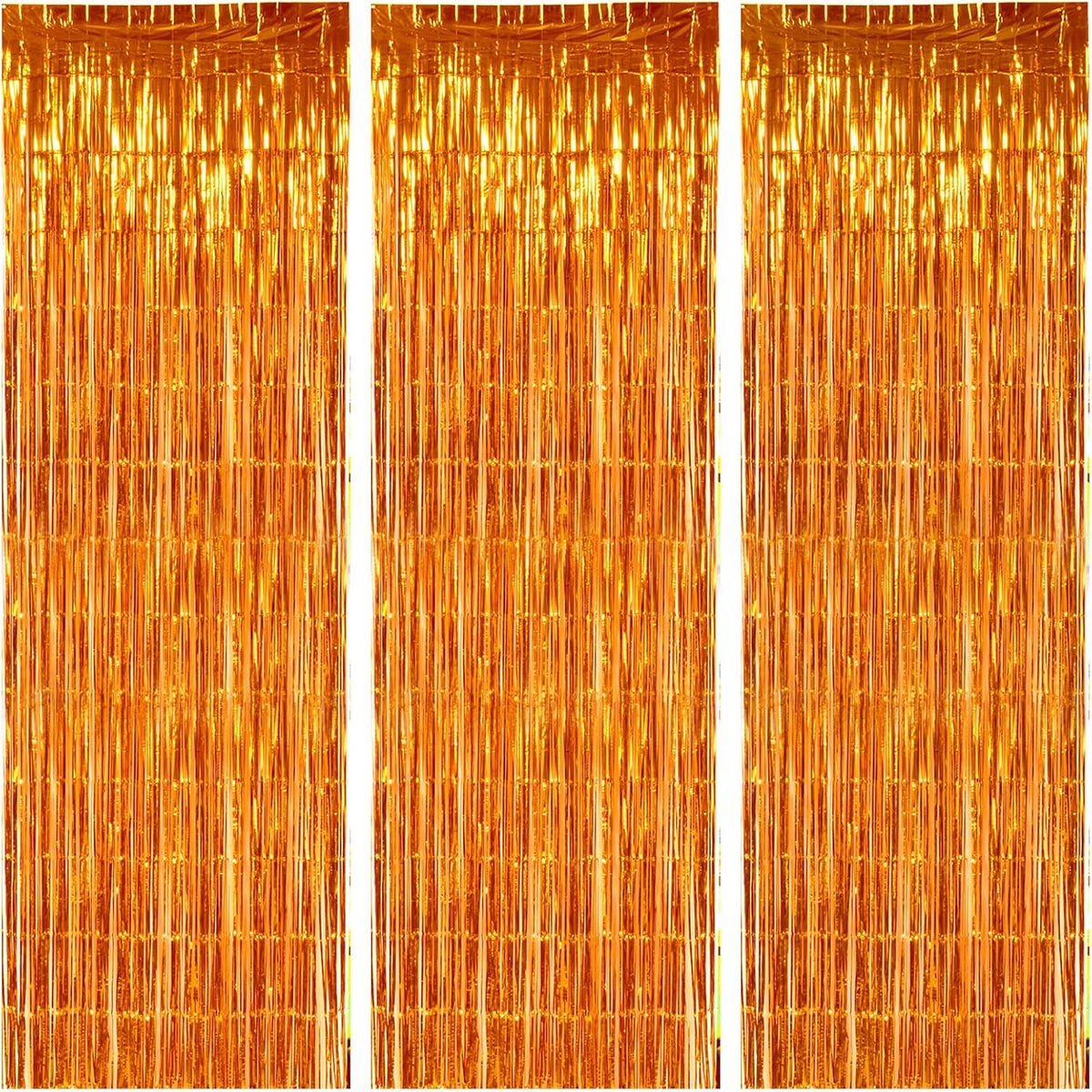 TONIFUL 3Pcs Orange Door Streamers,Photo Booth Backdrop Metallic Streamers Foil Fringe Curtains for