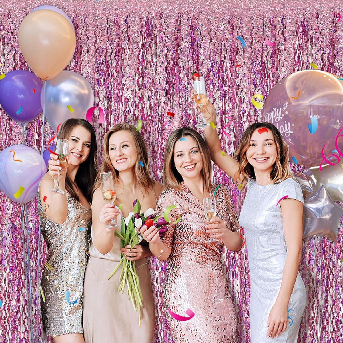 Pink Tinsel Foil Fringe Curtains Wavy Backdrop for Parties Sparkle Metallic Wavy Foil Fringe