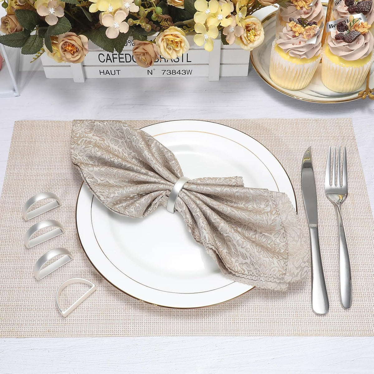 KPOSIYA Napkin Rings Set of 12, Metal Silver Napkin Rings Bulk for Table Settings, D-Shape Napkin