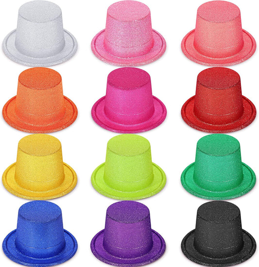 Handepo 12 Pack Bright Glitter Top Hat Mini Fun Party Hats for Adults Halloween Christmas Party
