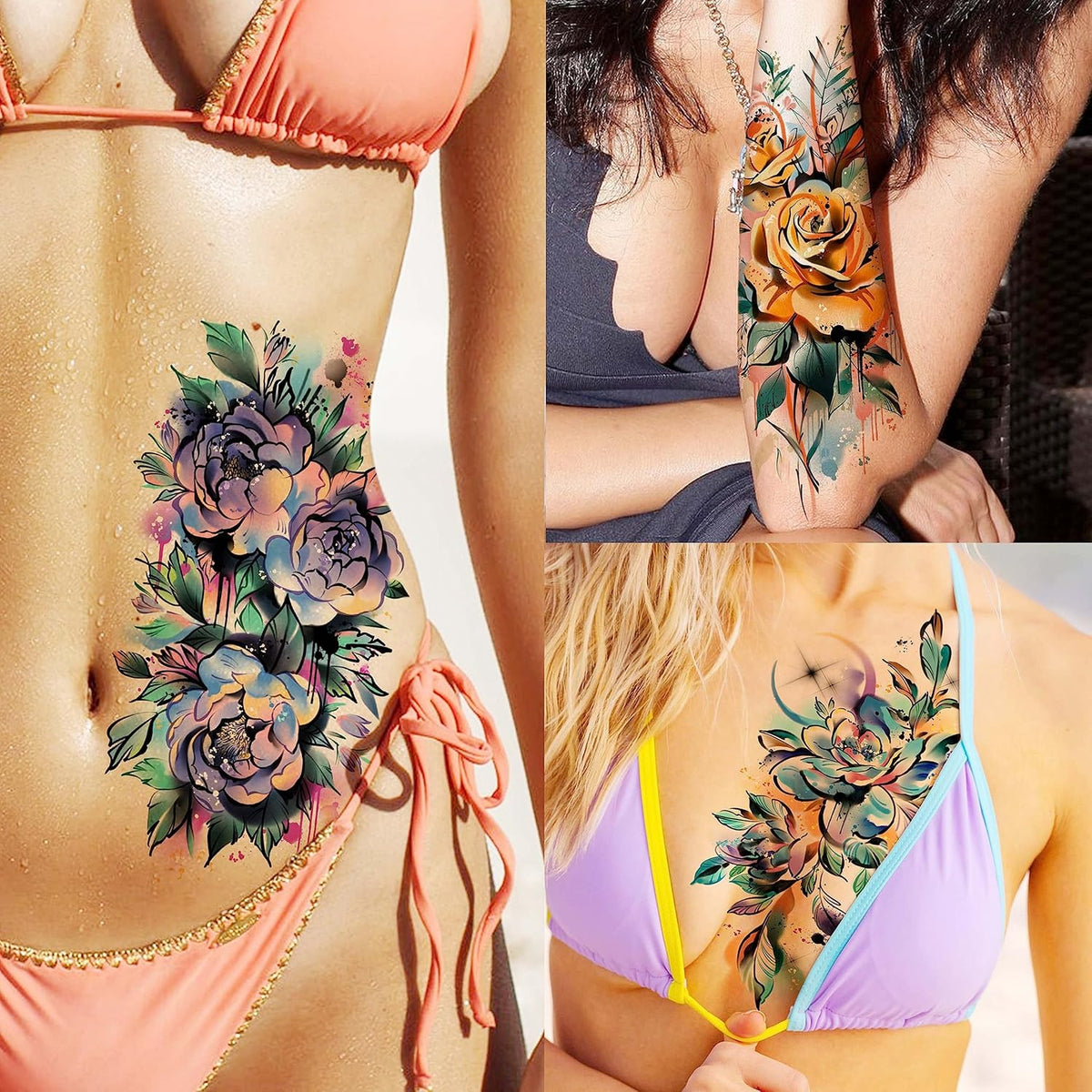 63 Sheets 3D Watercolor Rose Temporary Tattoos For Women Arm Girls Adults, Water Color Peony Flower