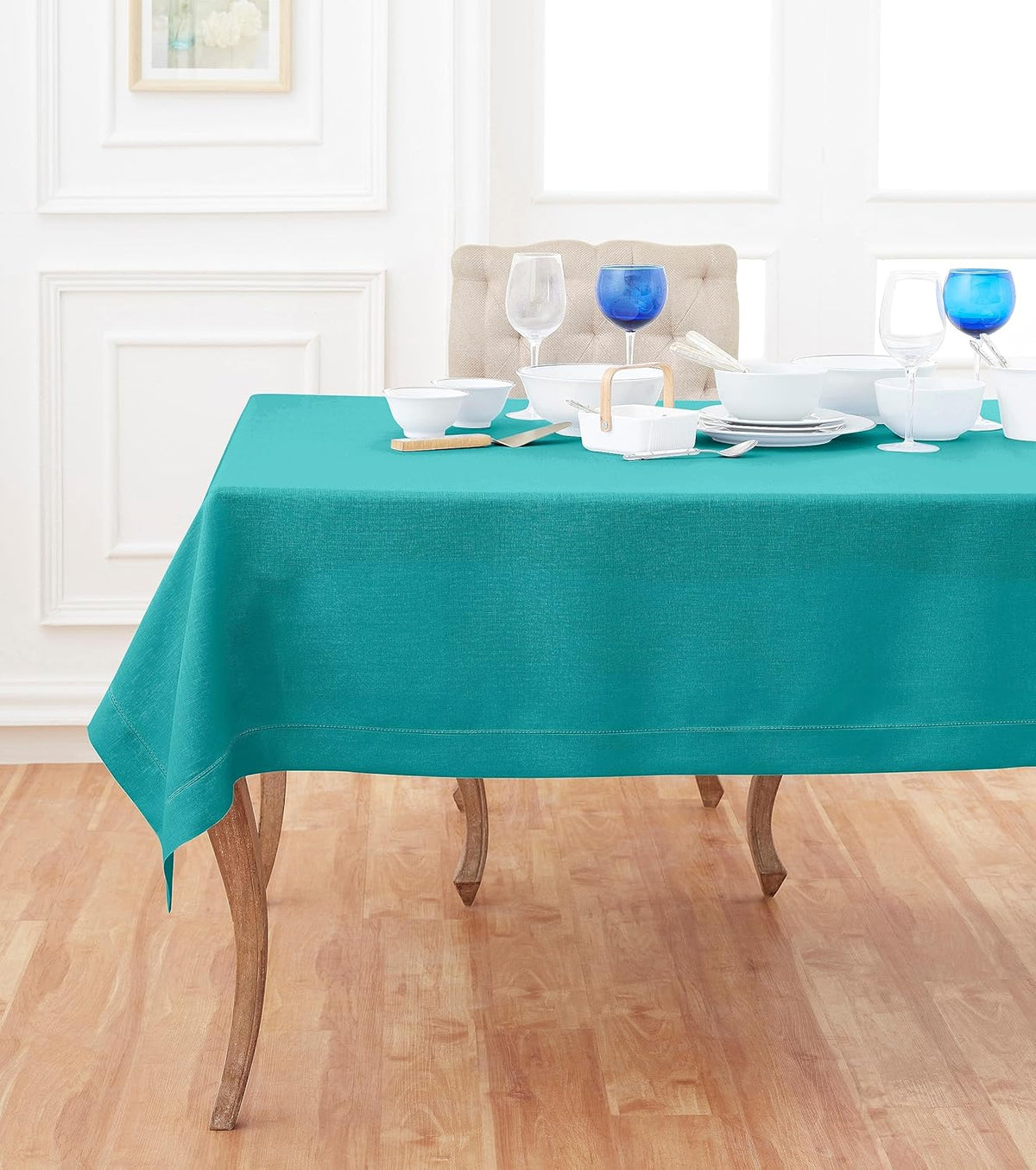 Solino Home Linen Tablecloth 60 x 90 Inch - Classic Hemstitch 100% Pure Linen Teal Table Cloth for