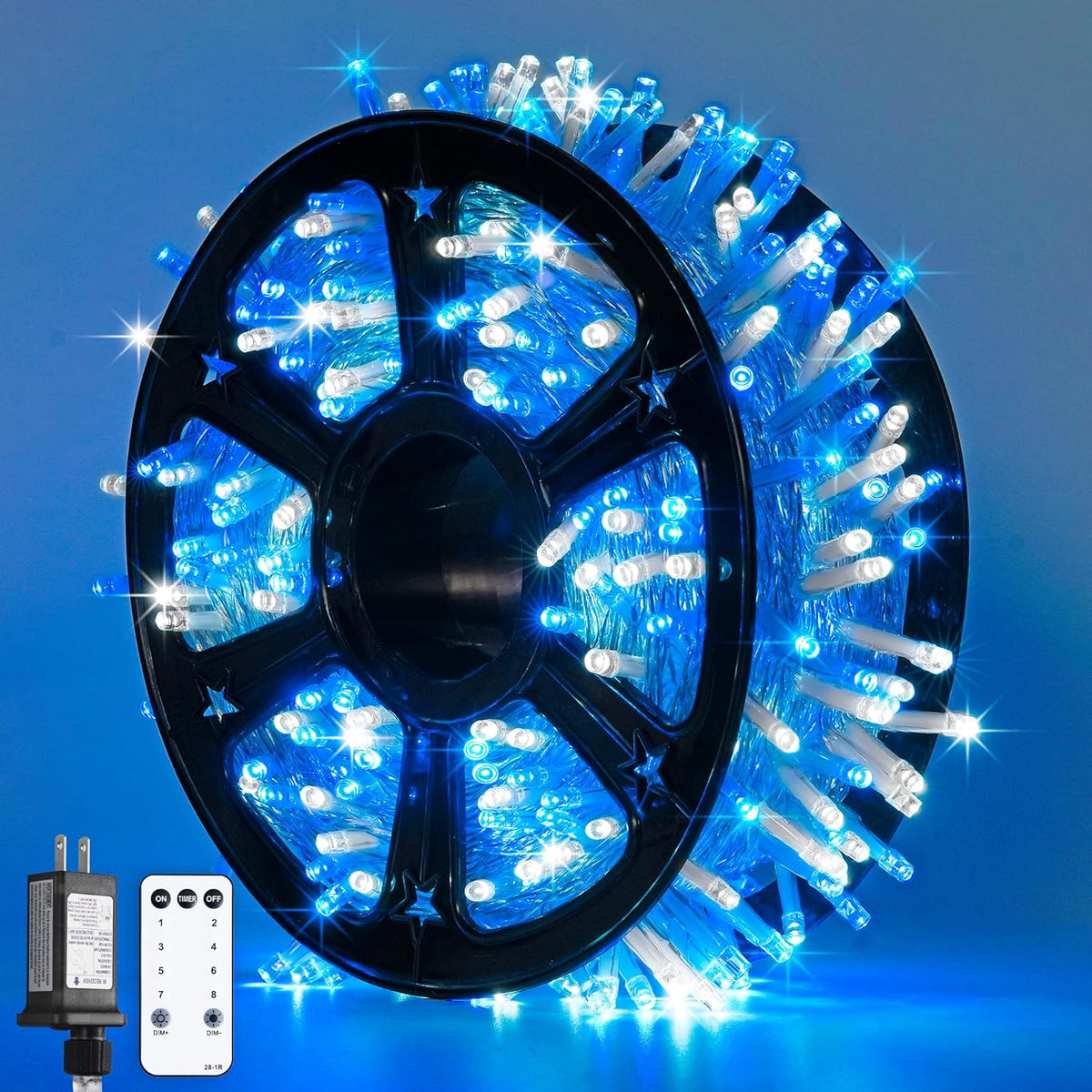 JMEXSUSS Blue and White Christmas Lights Outdoor with Remote, 600 LED String Lights Indoor Clear