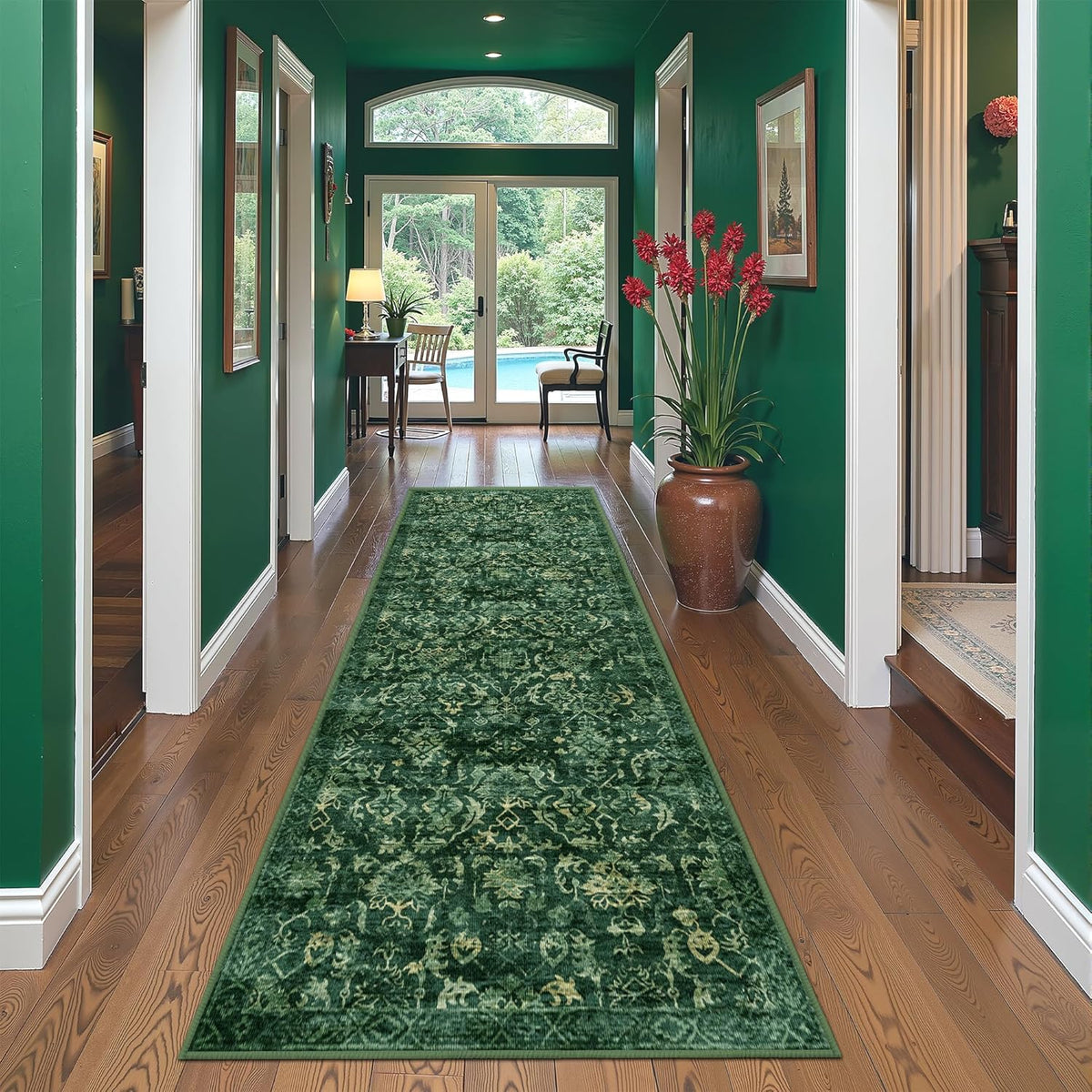 Dark Green 3x10 Runner Rug for Hallways Bed Side Kitchen, Boho Washable Distressed Low-Pile Floor