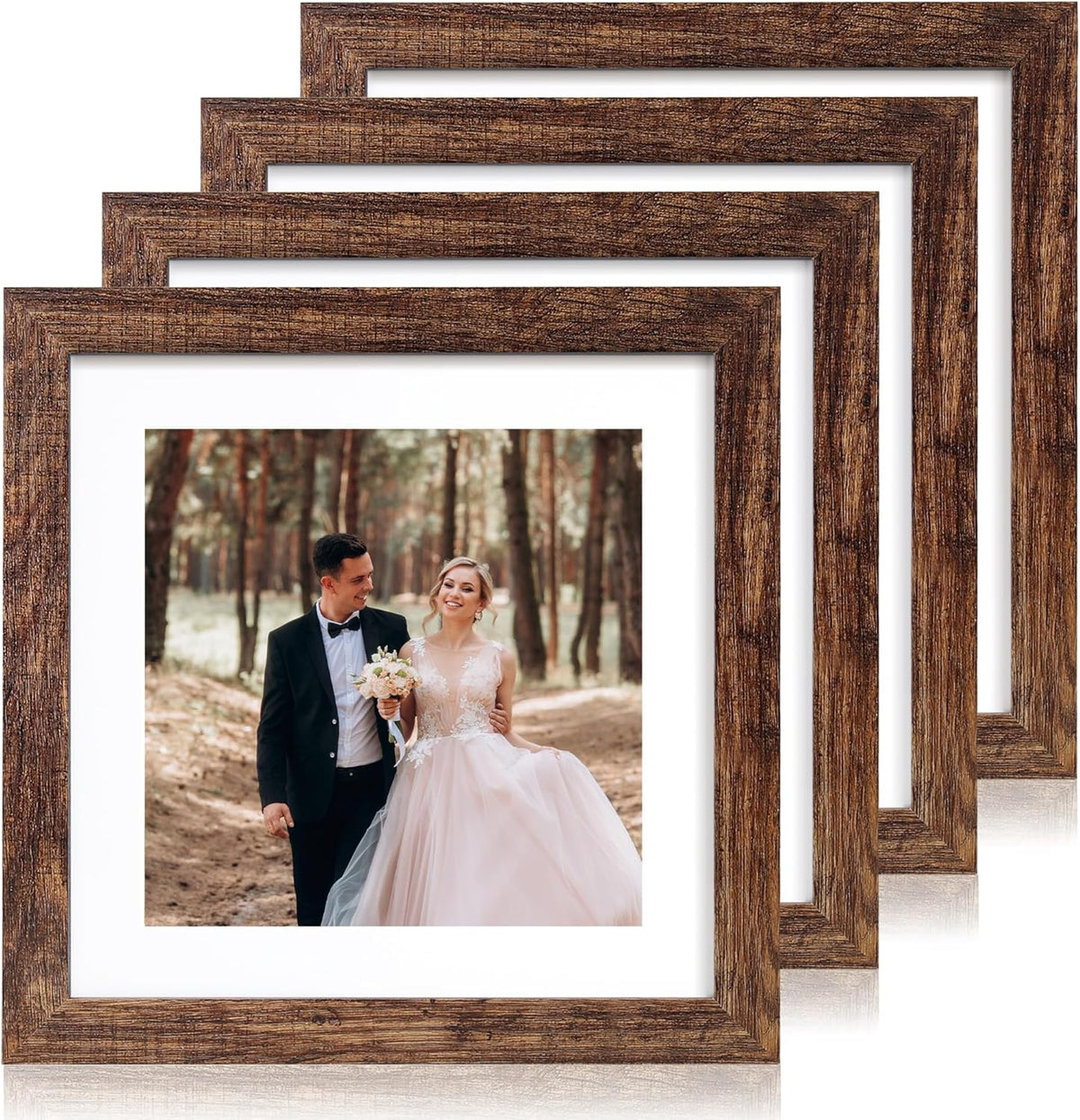 10x10 Picture Frame Set of 4 with Real Glass, Rustic Frames Display 8x8 Picture with Mat or 10 x 10