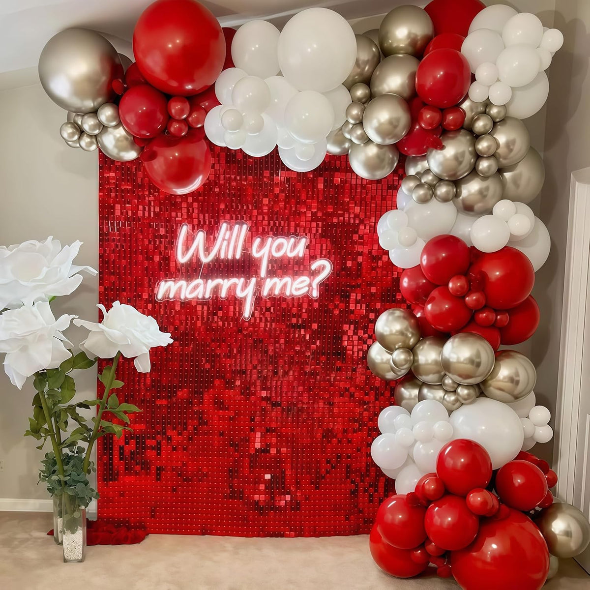 Red and White Balloons Set, Red Sand White and Gold Latex Balloons for Christmas Holiday Winter New