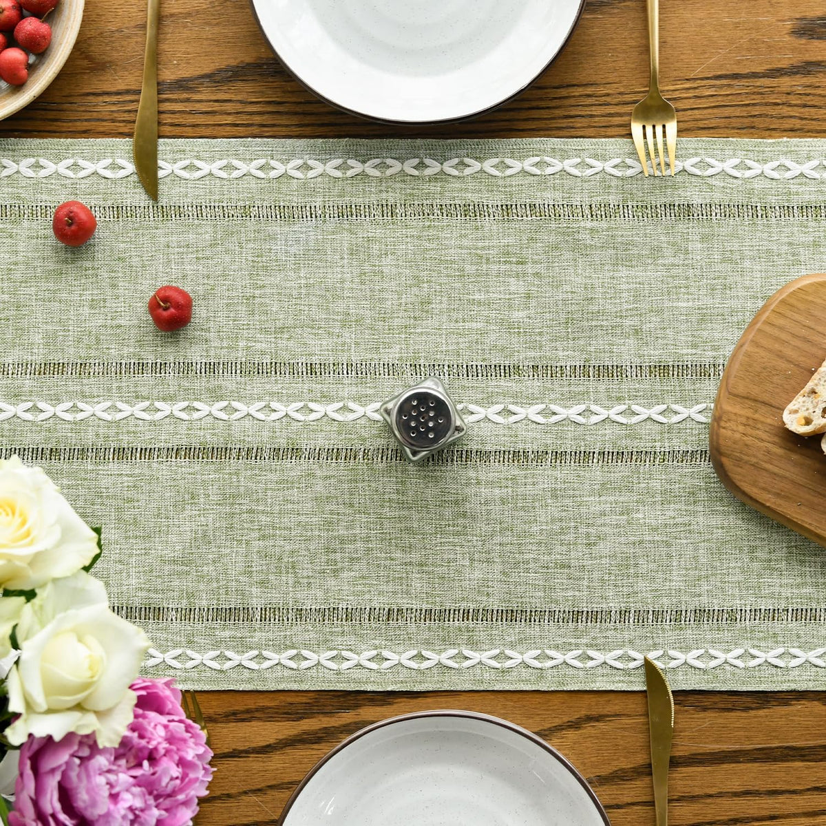 Artoid Mode Sage Green Rustic Cotton Linen Table Runner, Seasonal Embroidered Hollow Kitchen Dining
