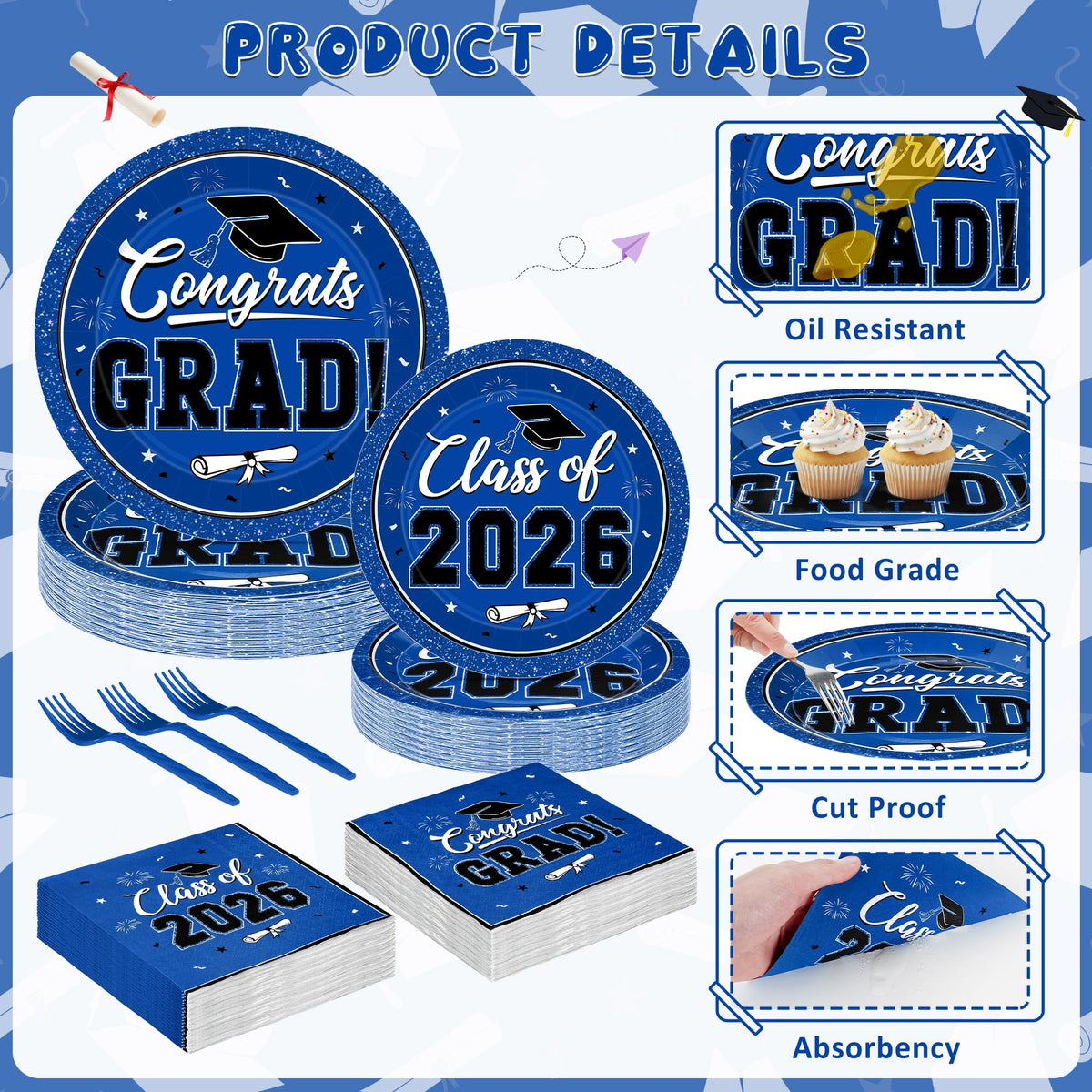 200Pcs Graduation Decorations 2026, Blue Graduation Plates and Napkins Party Supplies for 50