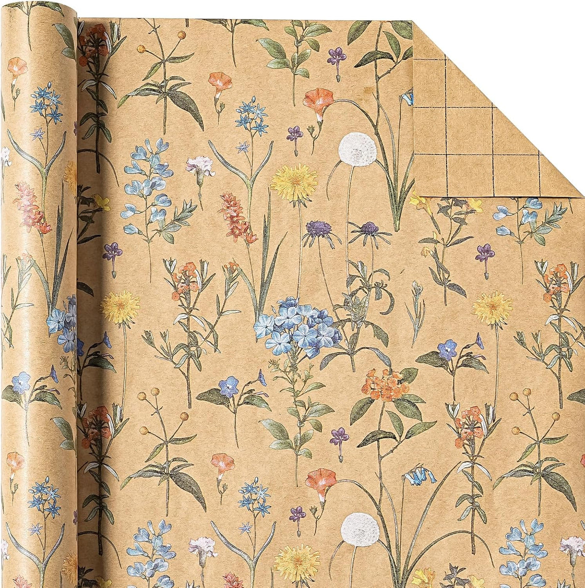 WRAPAHOLIC Kraft Floral Wrapping Paper Roll - Mini Roll - 17 Inch x 9.8 Feet - Wildflower Wrapping