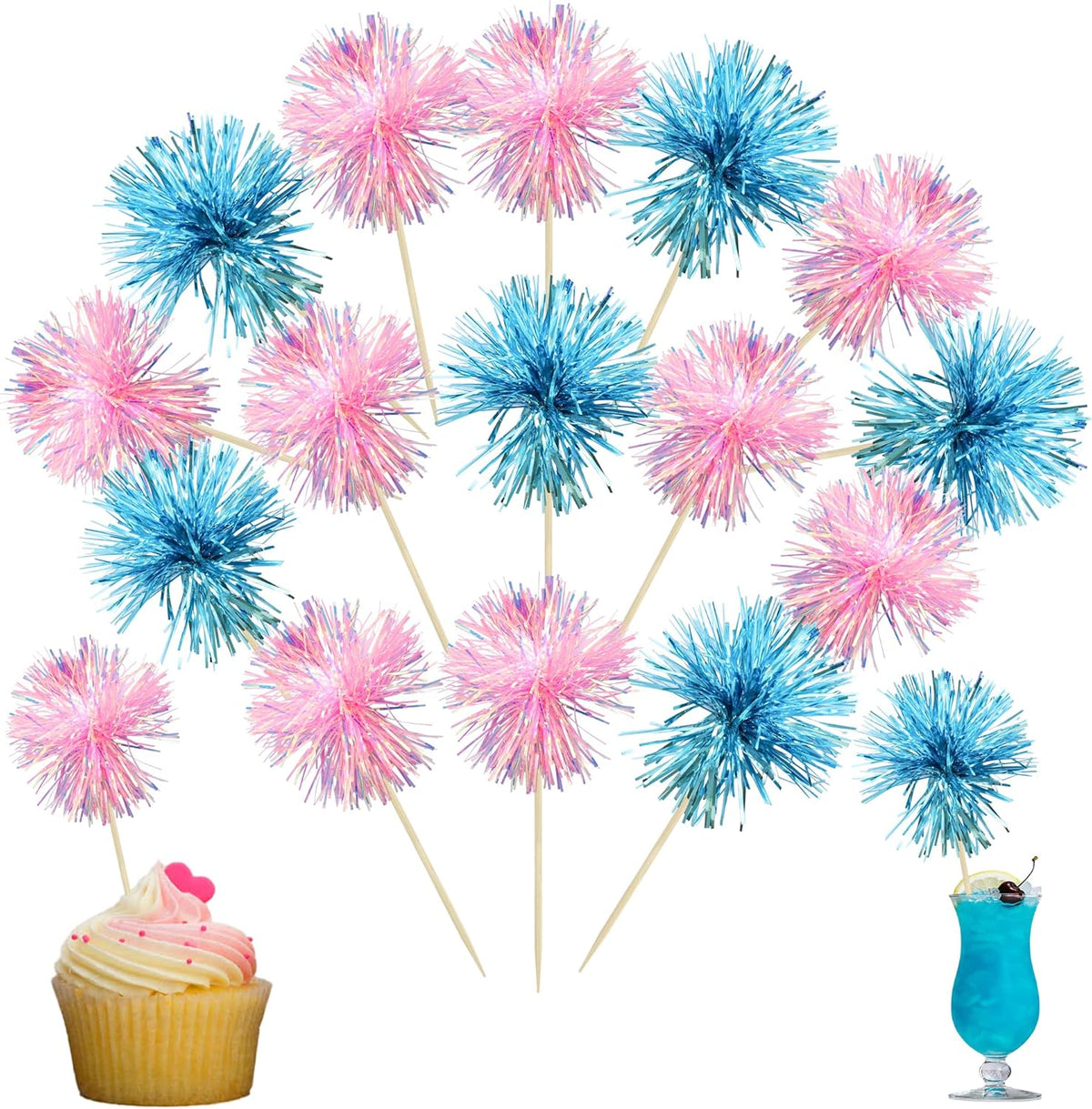 Ephlyn 30Pcs Foil Firework Cupcake Toppers Sparkle Tinsel Cupcake Picks Happy Birthday Cake
