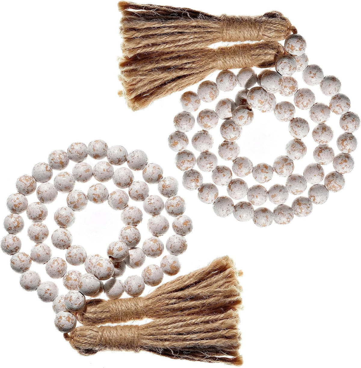 Farmhouse Wood Bead Garland Set of 2 with Tassels - Decorative Home Boho Beads