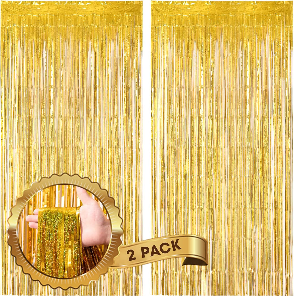 2 Pack Laser Gold Foil Fringe Backdrop Curtains, Tinsel Streamers Birthday Party Decorations