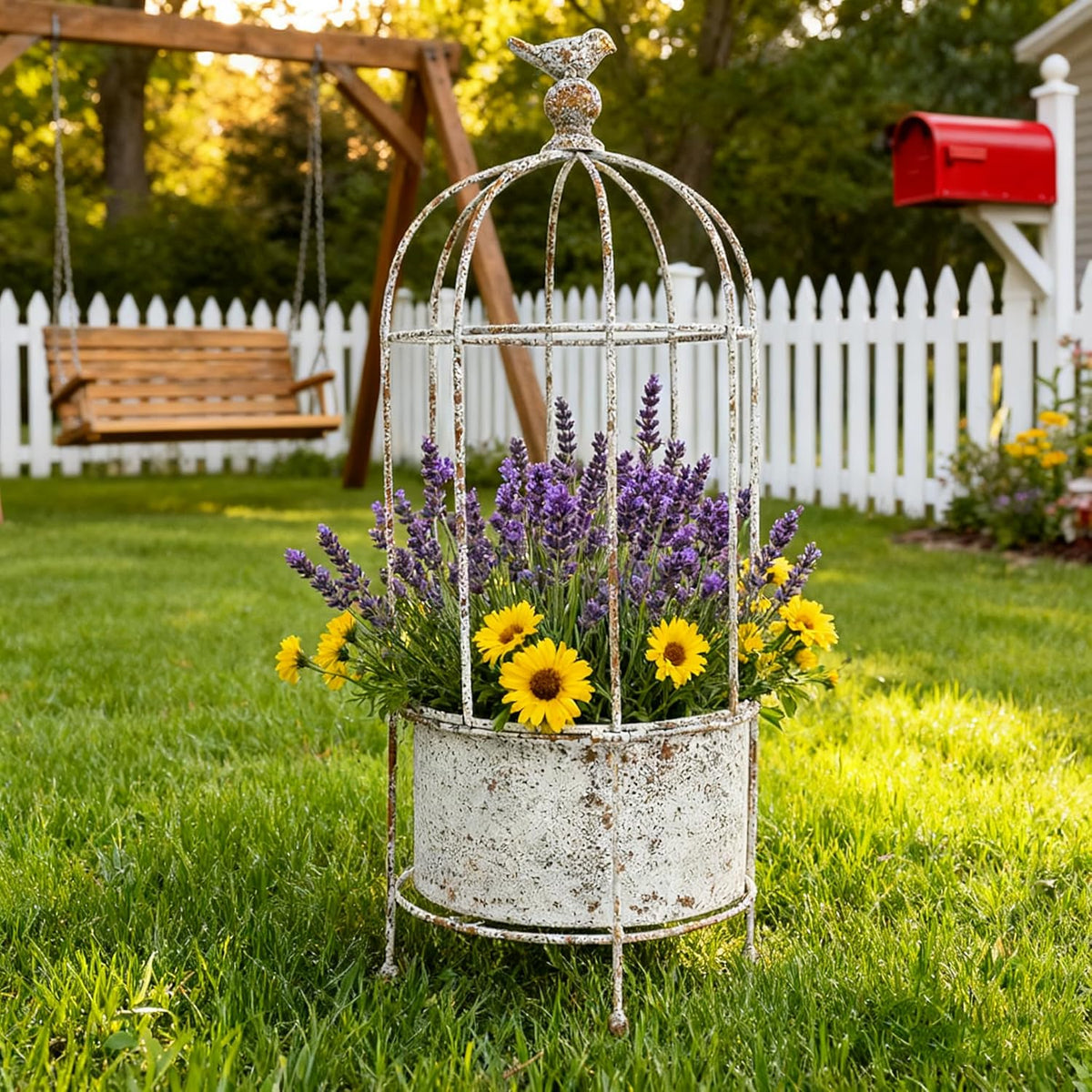 Vintage Rustic Birdcage Planter Stand, Farmhouse Distressed Decorative Metal Round Plants Holder