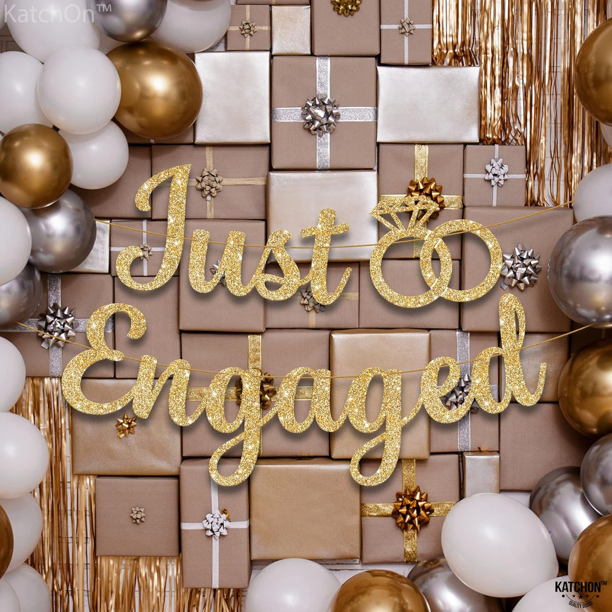 KatchOn, Glitter Gold Just Engaged Banner - 10 Feet, No DIY | Engagement Banner for Just Engaged