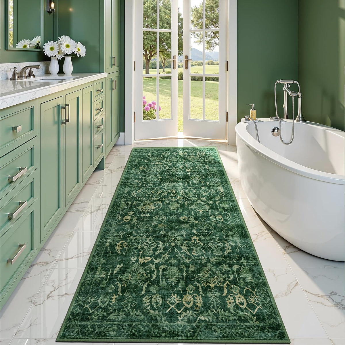 Dark Green 3x7 Runner Rug for Hallways Bed Side Kitchen, Boho Washable Distressed Low-Pile Floor