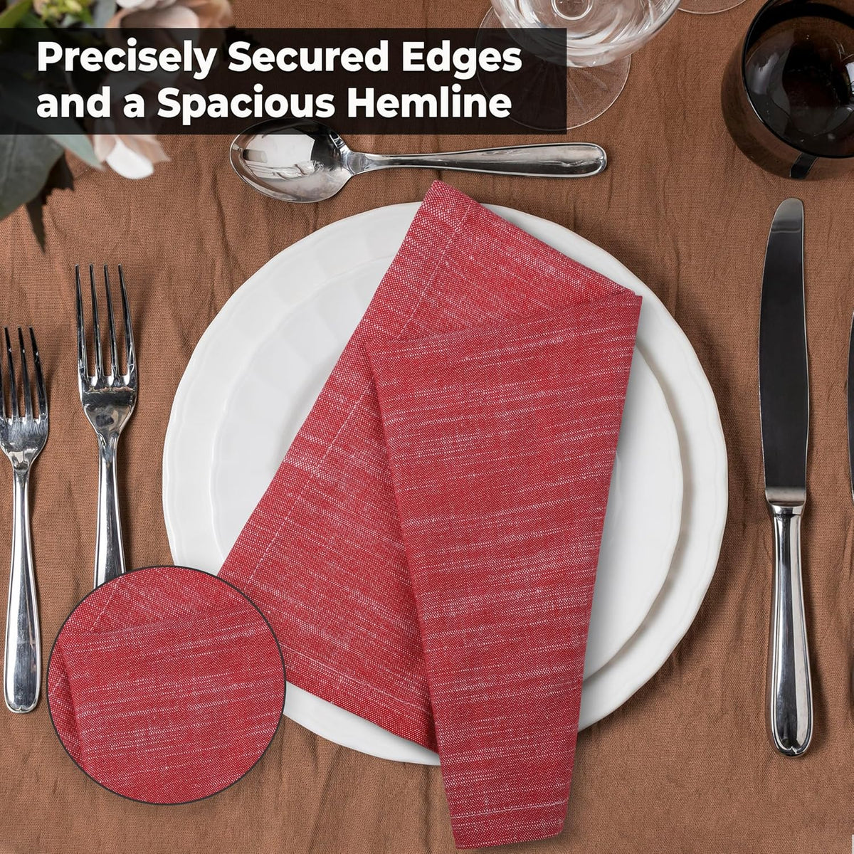 Urban Villa Dinner Napkins Red White Chambray Cloth Napkins (Set of 12) Oversized 20x20 Inches 100%