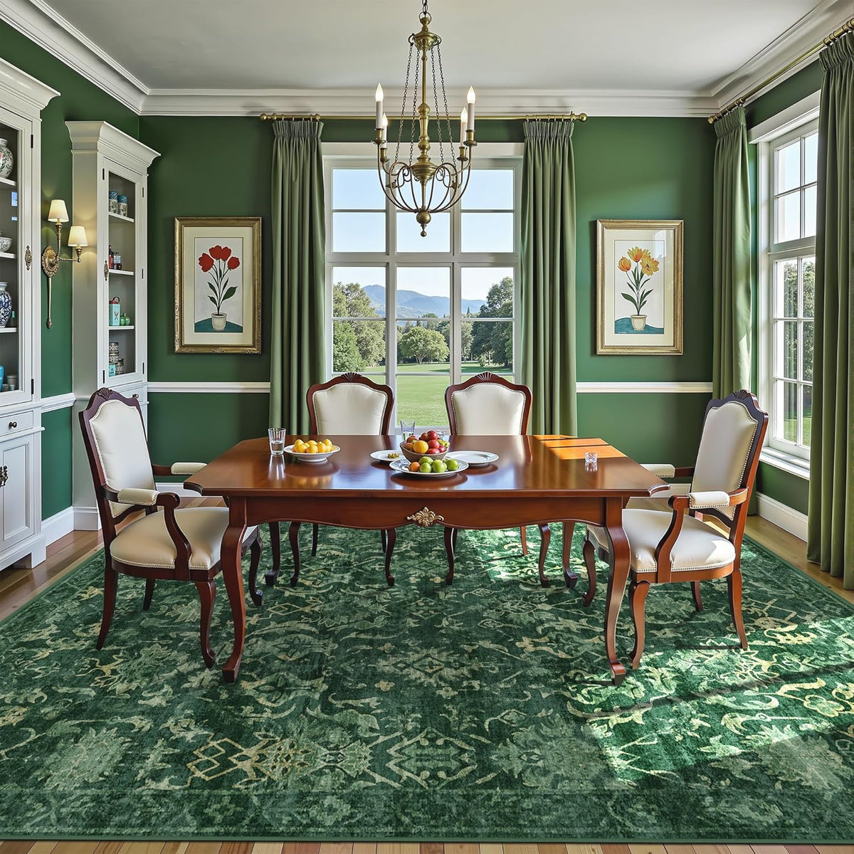 Deerly Dark Green Area Rugs 10x12 for Living Room Soft Non-Slip, Large Bedroom Rug Vintage Dining
