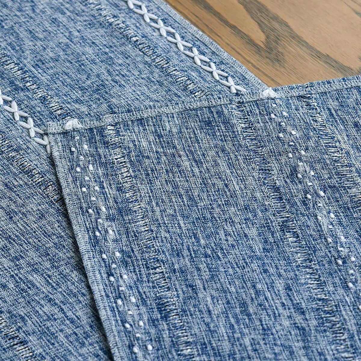 Artoid Mode Blue Rustic Cotton Linen Table Runner, Seasonal Embroidered Hollow Kitchen Dining Table