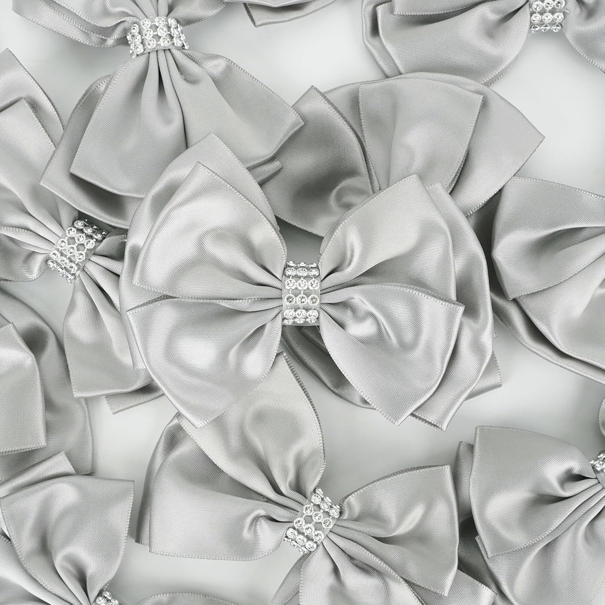 Silver Satin Bows 4'' Premade Ribbon Bow, Silver Gift Bows with Rhinestone, Wrapping Bows for