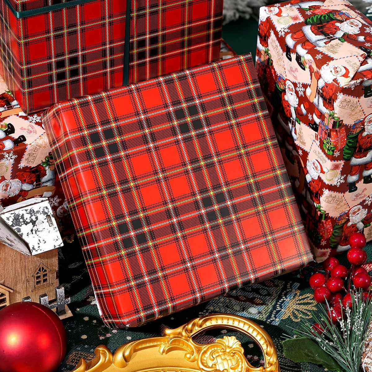 Ulmasinn Reversible Christmas Wrapping Paper Roll - 17" x33ft Double-Sided Designs with Santa and