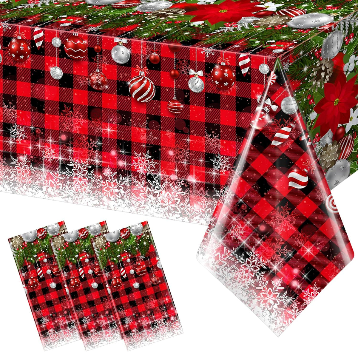 3Pcs Christmas Buffalo Plaid Snowflake Tablecloths,Plastic Red and Black Checkered Rectangle