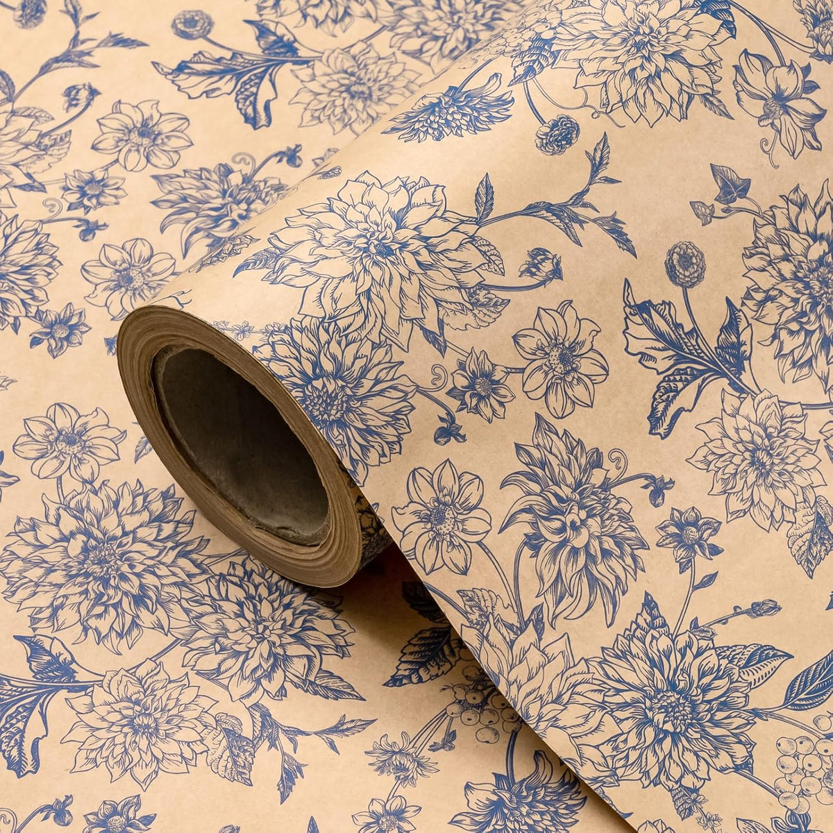 WRAPAHOLIC Kraft Blue Floral Wrapping Paper - Mini Roll - 17 Inch x 16.5 Feet - Vintage Blue Toile