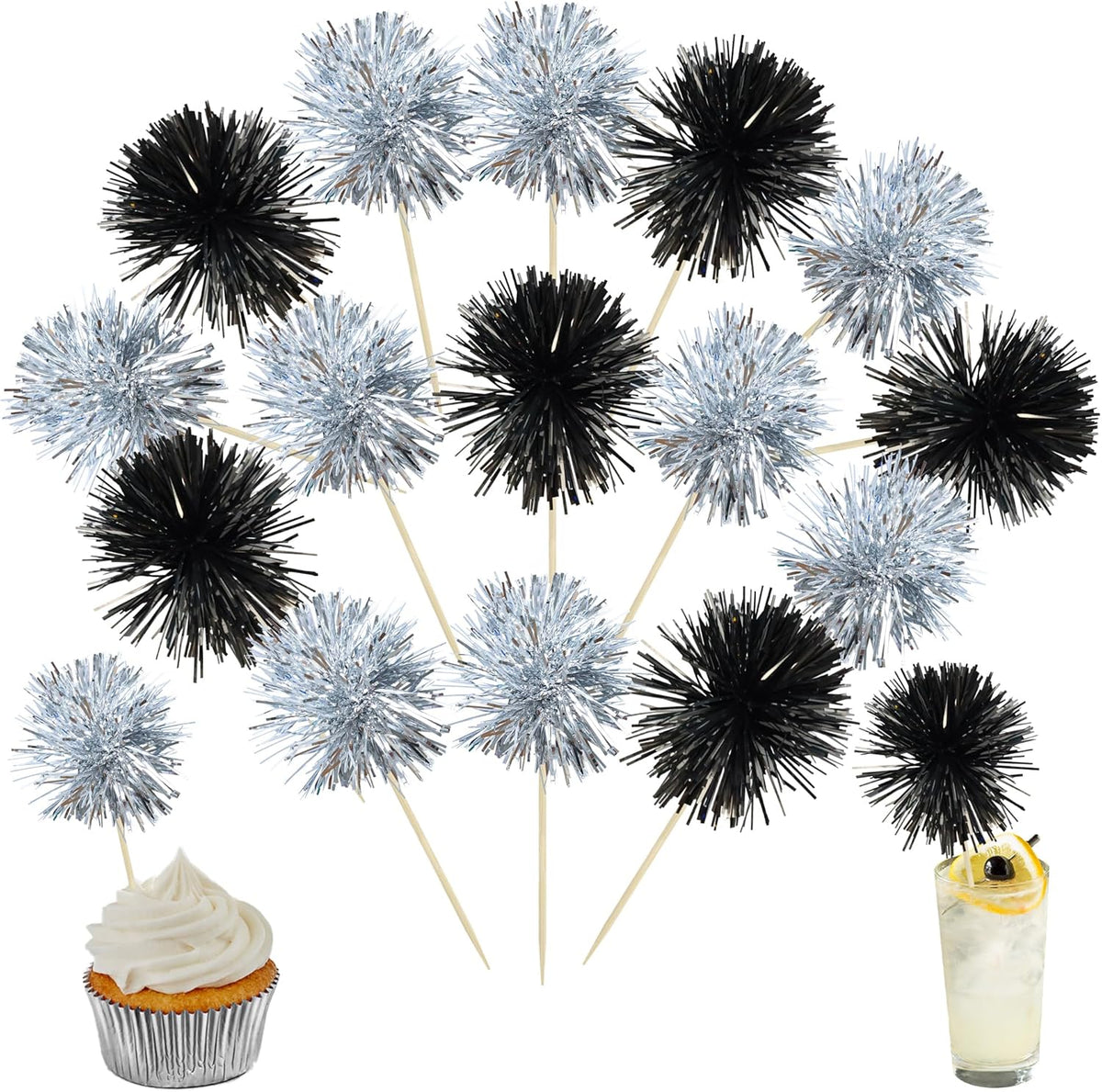 Ephlyn 30Pcs Foil Firework Cupcake Toppers Sparkles Fireworks Sticks Birthday Decorations Sparkle