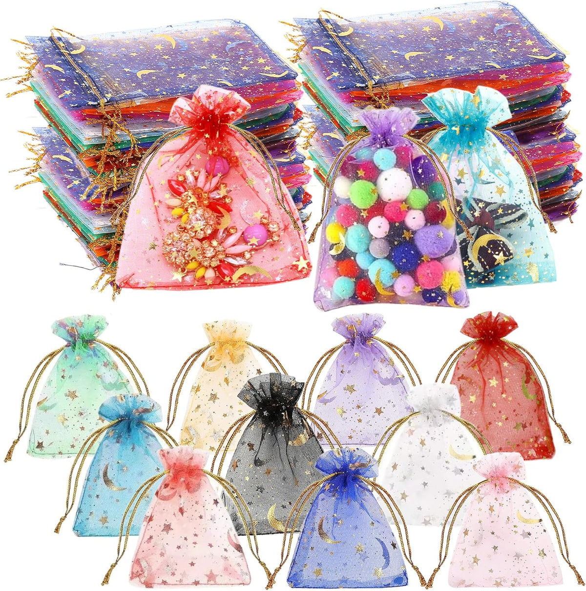 500 Pcs Moon Star Organza Jewelry Candy Bags Wedding Favor 2.8x3.5 Inch with Drawstring Multi