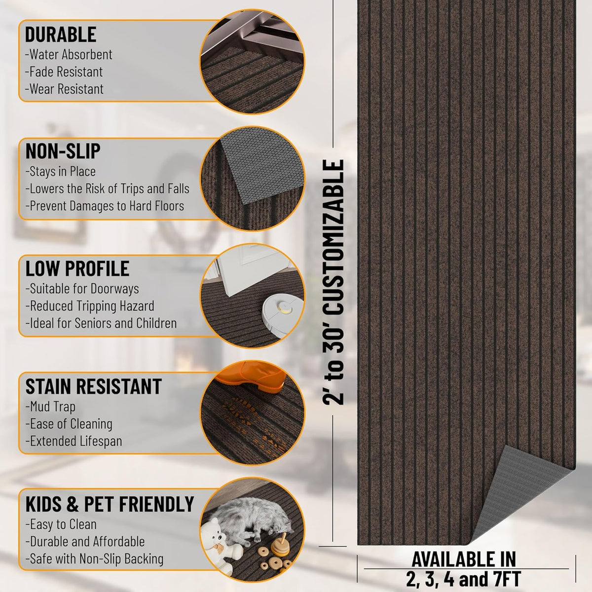 Ottomanson 2'7" x 50' Hallway Runner with Scraper Pile - Extra Durable Non-Slip Rug Mat for Indoor