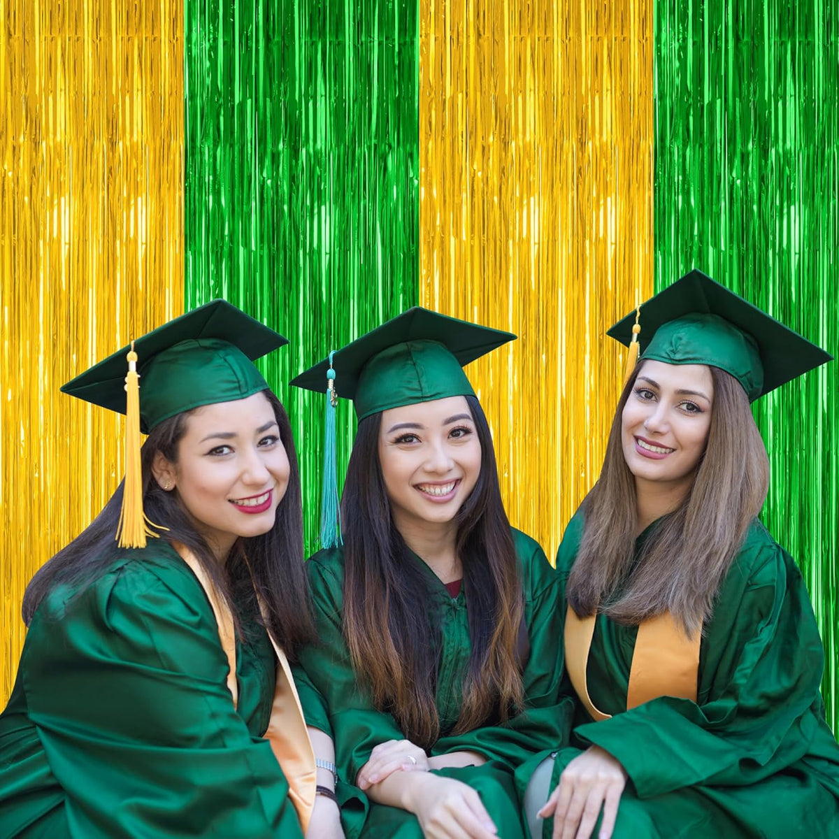 2 Pack Graduation Backdrop, Large Grad Decor 2025, Green Gold Graduation Photo Backdrop Fringe