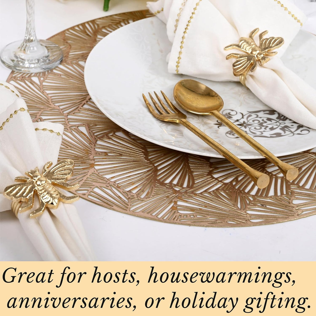 Gold Napkin Rings Set of 12 - Elegant Bee Napkin Rings with Sturdy Lightweight Metal Design