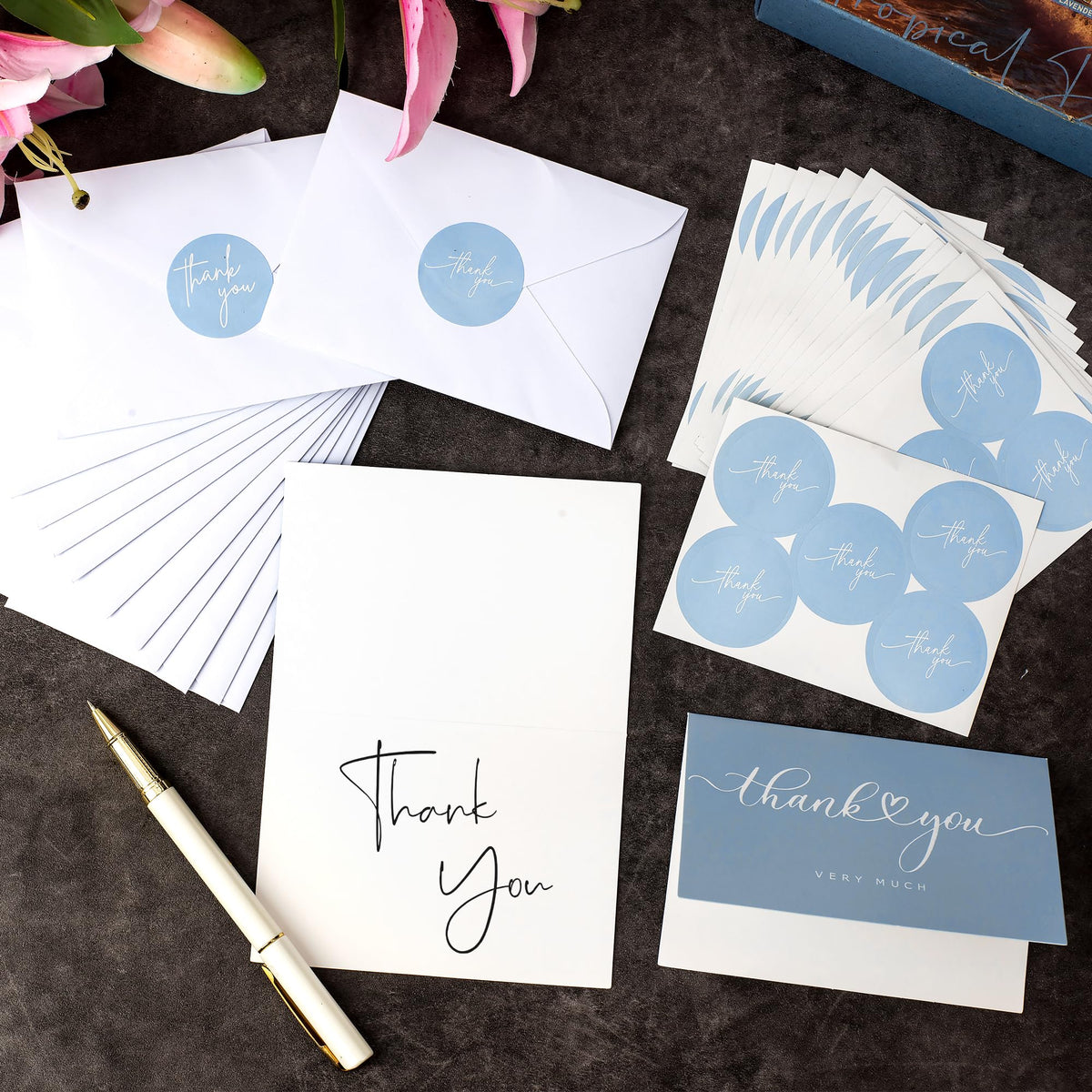 100 Bulk Light blue Thank You Cards with white Envelopes and stickers - 4 Minimalistic Designs