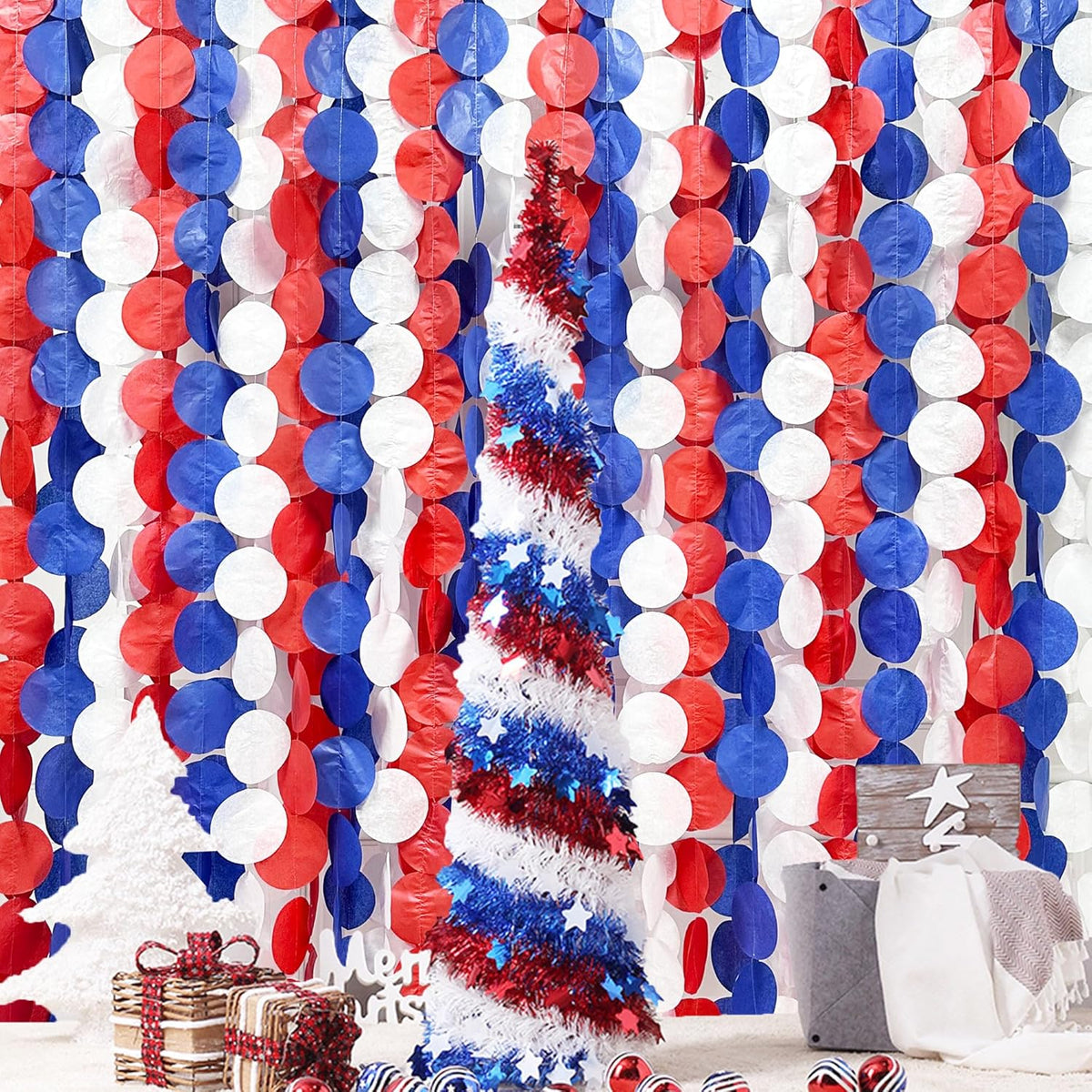 192Ft Royal Blue Red White Party Decorations Big Circle Dots Tissue Paper Backdrop Streamer Garland
