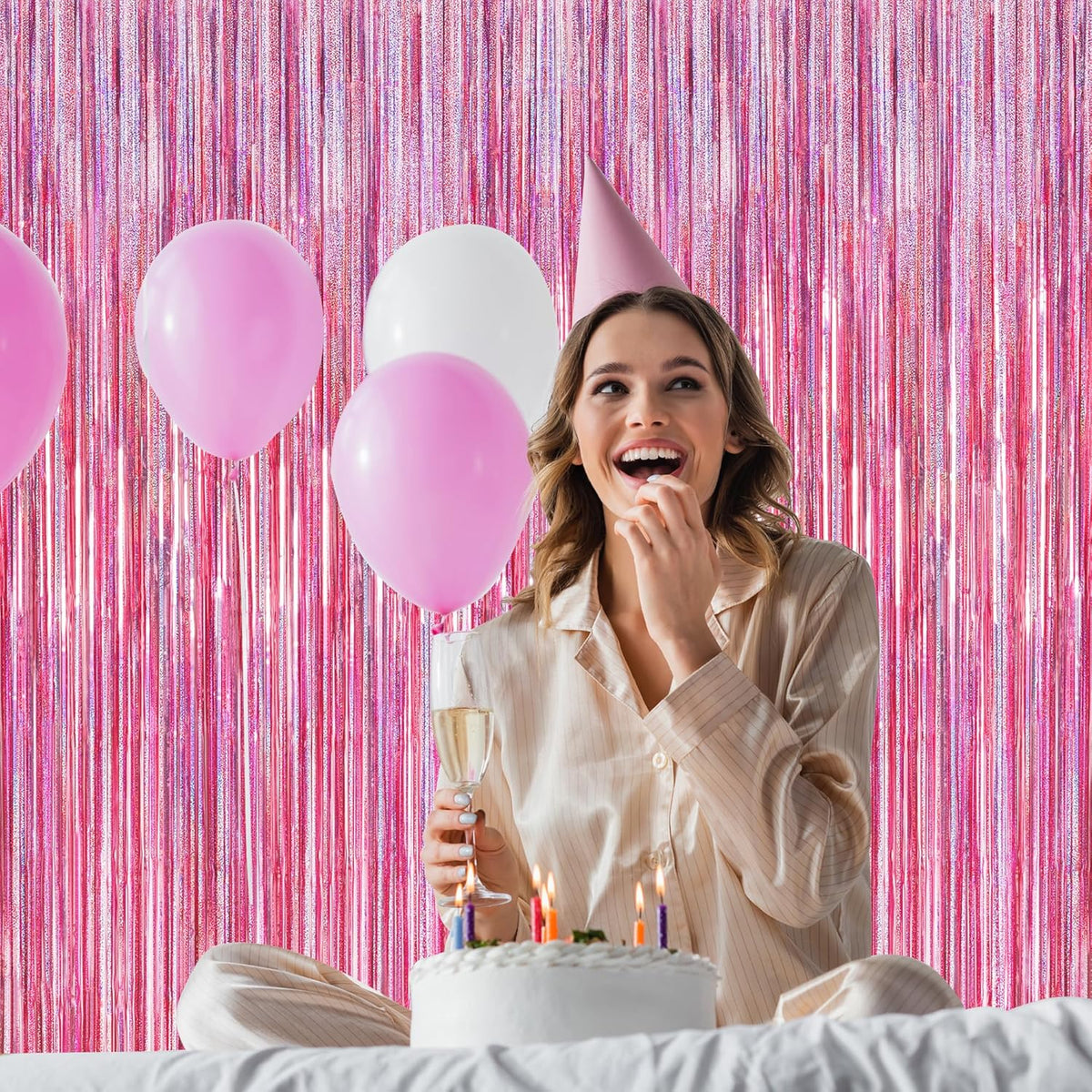8 Pack Pink Backdrop, 3.28 FT x 7.05 FT Fringe Curtains, Metallic Glitter Pink Fringe Party