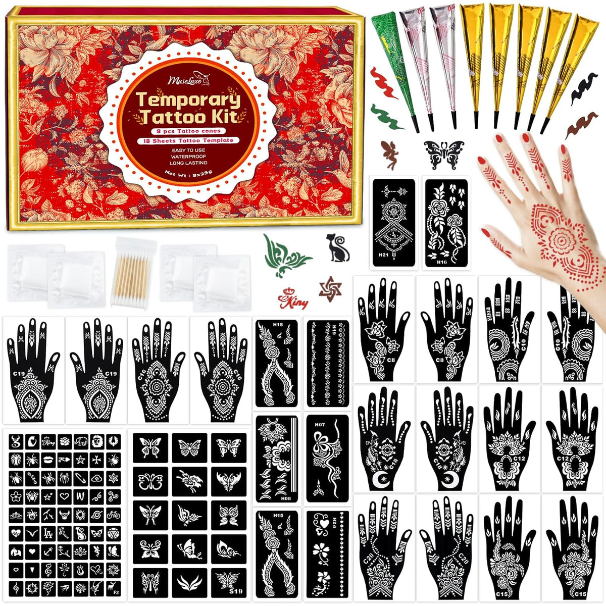 Temporary Tattoos Stencils Kit,Temporary Tattoos Kit - 8 Pcs 4 Color(Brown,Black,Cherry red,Green)
