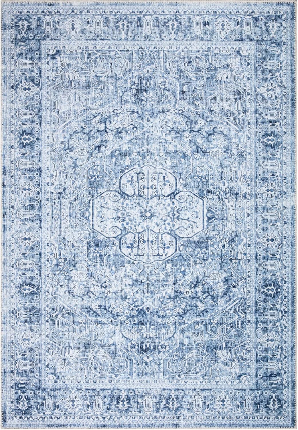Bloom Rugs Washable Non-Slip 6' x 9' Rug - Ivory/Denim Blue Traditional Medallion Area Rug for