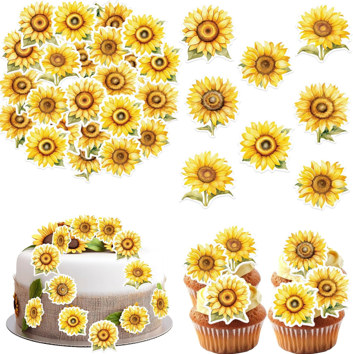 48 Pack Edible Sunflowers Cupcake Toppers Wafer Paper Floiwers Cupcake Picks Edible Yellow Sun