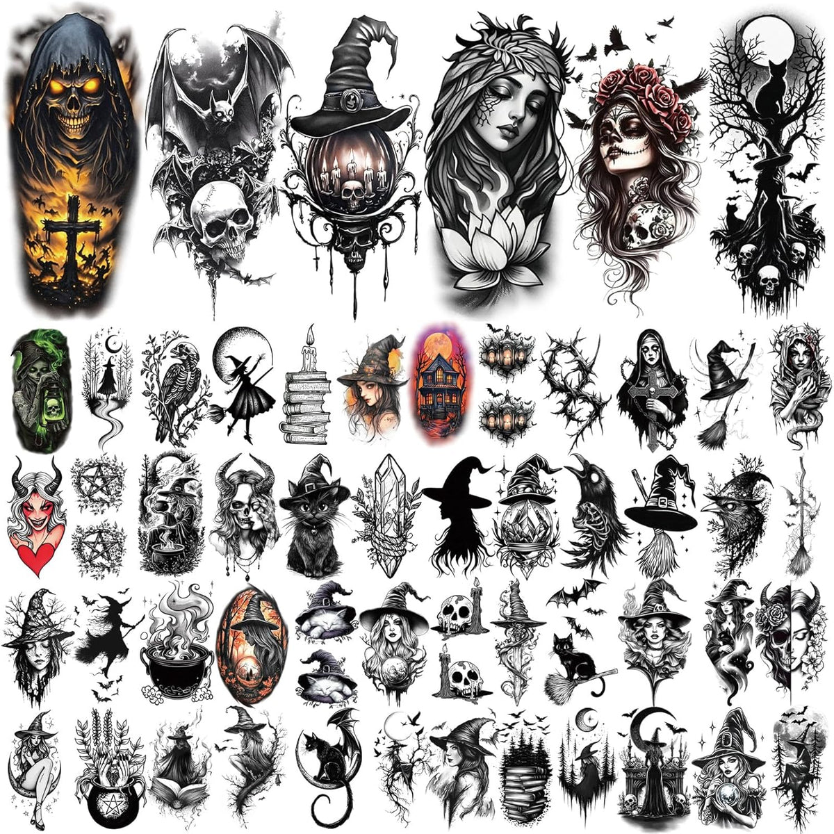 77 Sheets Witch Temporary Tattoos Women Men Adults, Skeleton Death Skull Pointed Black Hats Brooms