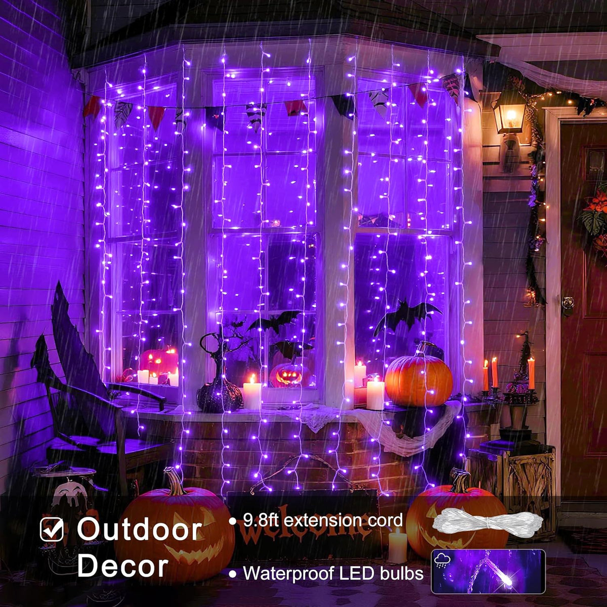 JMEXSUSS 300LED Purple Halloween Lights with Remote, Curtain Hanging Light Plug in, 8 Modes Purple