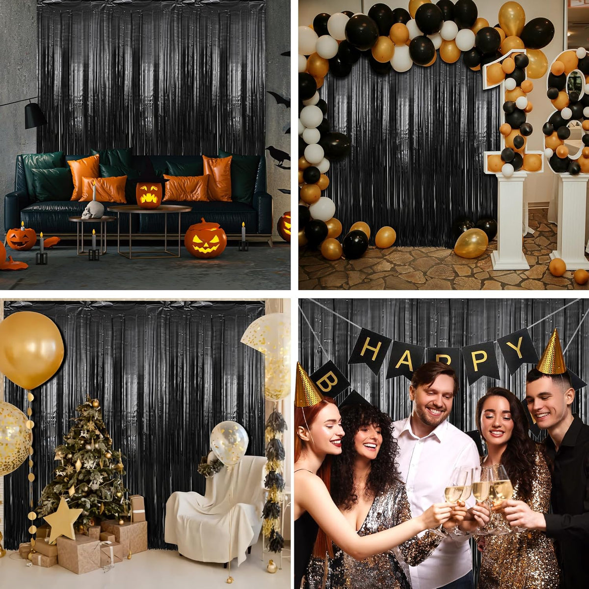 Crosize 3 Pack 3.3 x 9.9 ft Black Foil Fringe Backdrop Streamer Curtains, Birthday Party